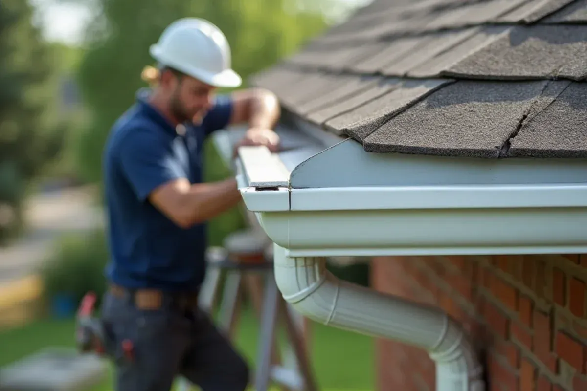 Custom continuous seamless aluminum emergency gutter repair profile on Central Iowa roofline
