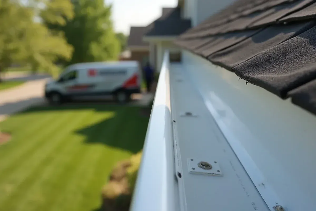 Custom continuous seamless aluminum gutter repair profile on Central Iowa roofline