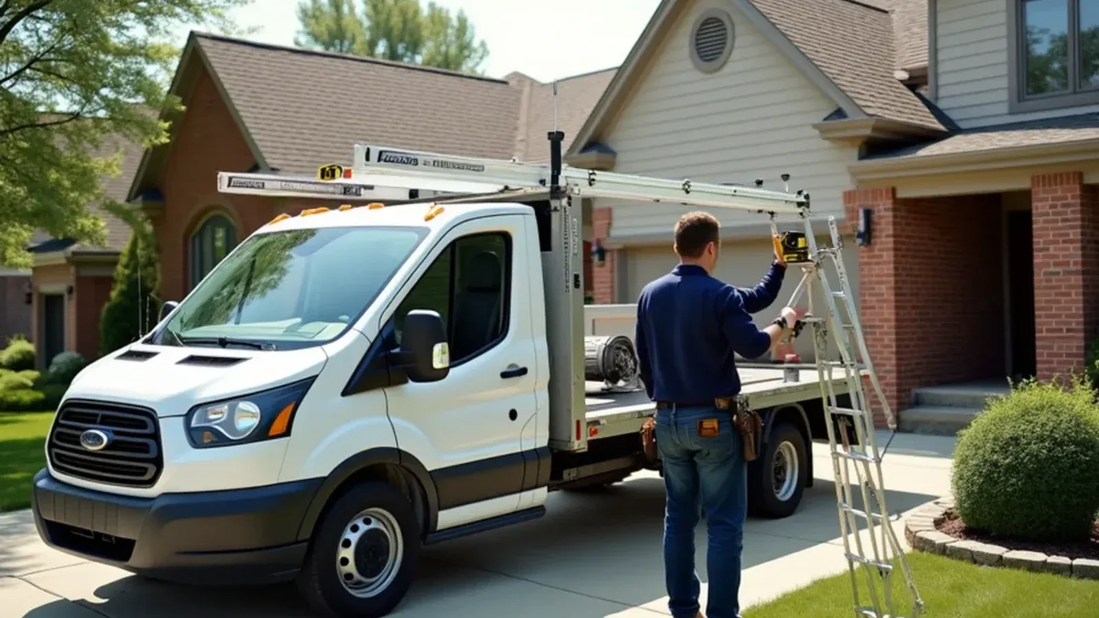 Palomeque Gutter LLC technician inspecting a custom seamless aluminum gutter installation on a Des Moines home