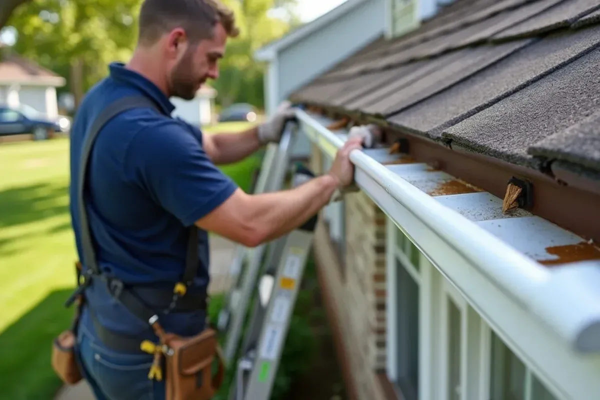 Custom continuous seamless aluminum leaking gutter repair profile on Central Iowa roofline