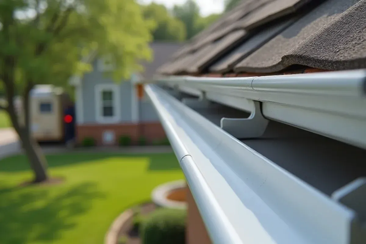 Custom continuous seamless aluminum new construction gutters profile on Central Iowa roofline