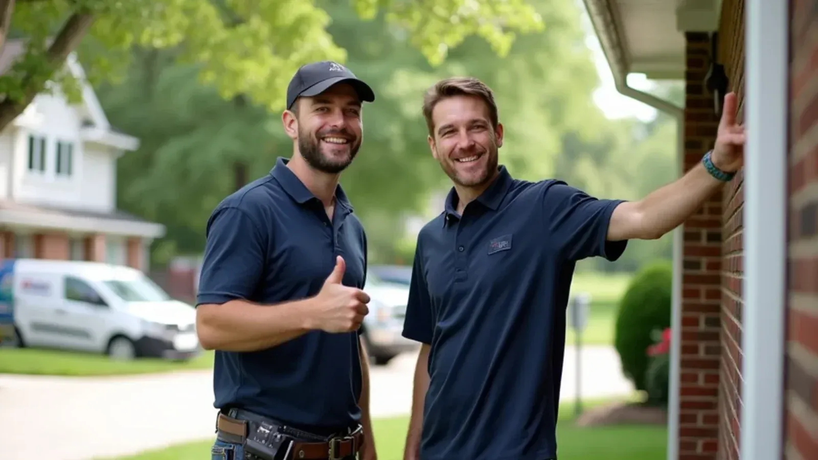 Satisfied Des Moines homeowners reviewing their new seamless gutters with Palomeque Gutter LLC